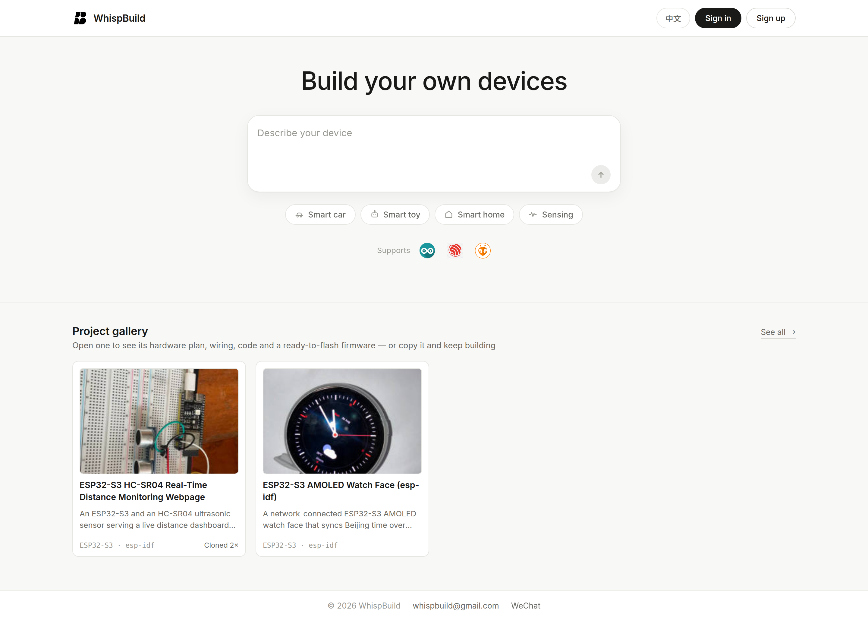 The WhispBuild home page: a box for describing the device you want at the top, and below it the Project gallery listing two project cards you can clone